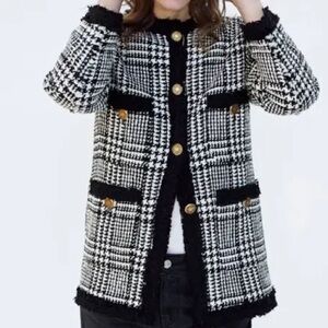 ZARA TEXTURED TWEED COMBINATION BLAZER white BLACK gold button wool blend large